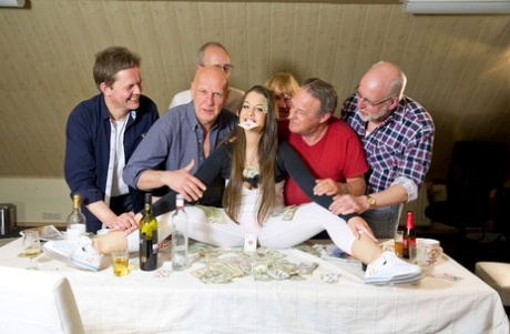 Sexy teen girl Angelina Brill gets gangbanged by old men on poker night