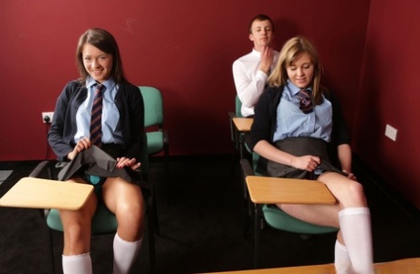 British coeds Nadia Elaina & Savannah Secret give a CFNM blowjob