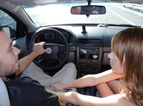 Sweet amateur with tiny tits and shaved slit gets screwed in the car