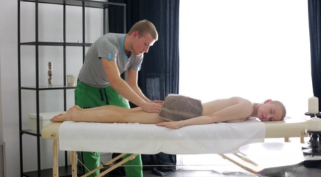 Adorable blonde teen Olivia Grace gets her muff filled after a massage