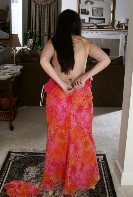 Raven-haired MILF India C strips her long dress & displays her hot curves