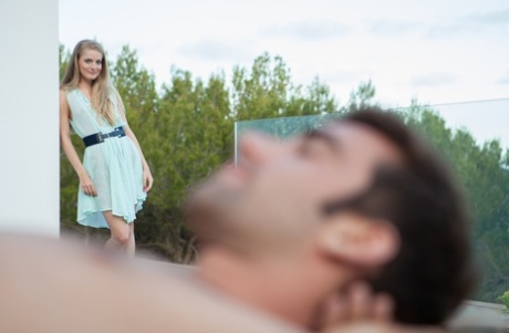 Sweet blonde teen Anna P seduces her stepbro and rides his dick outdoors