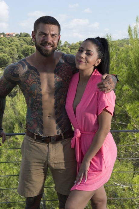 Dark haired Argentinian babe flashes her frim tits and teases a tattooed guy