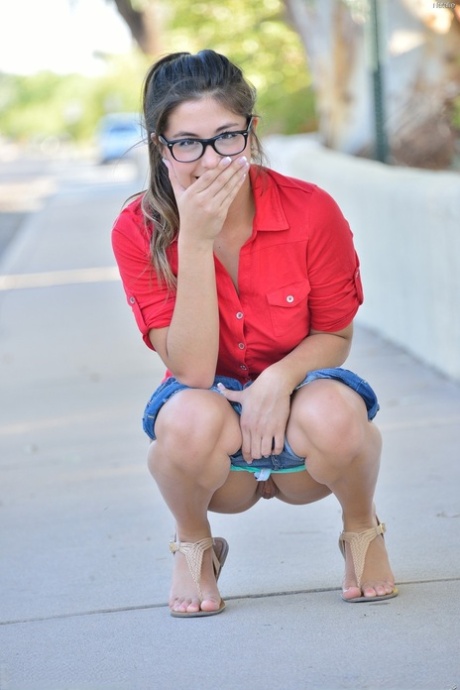Cute babe in glasses Natalie fingering herself after getting naughty in public