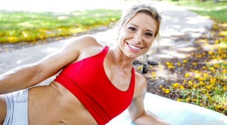 Hot MILF with hard nips Madison Brite gets her muff drilled after a workout