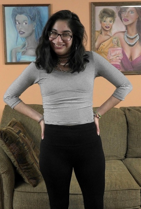Smiley brunette in glasses Lucy Sunflower strips naked & gives a POV blowjob