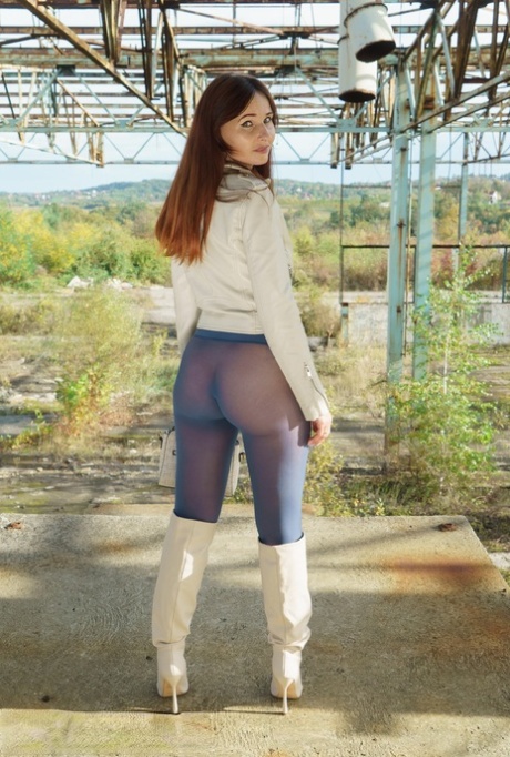 Hot MILF Jeny Smith strips her tights & shows her big ass & cunt in public