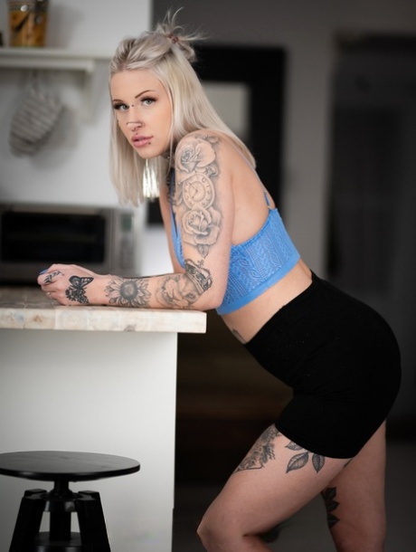 Inked beauty Princess 69 & ebony doll Cherry Glazed strip naked and pose