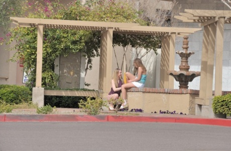 Sweet amateur babes Amber and Anna kiss each other's twat in the street