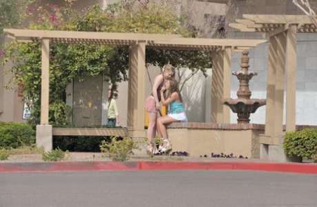 Sweet amateur babes Amber and Anna kiss each other's twat in the street